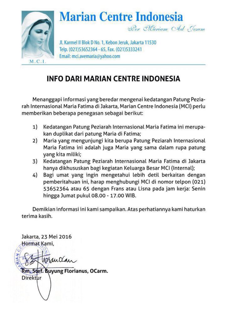 Patung Bunda Maria Fatima Marian Centre Indonesia MCI