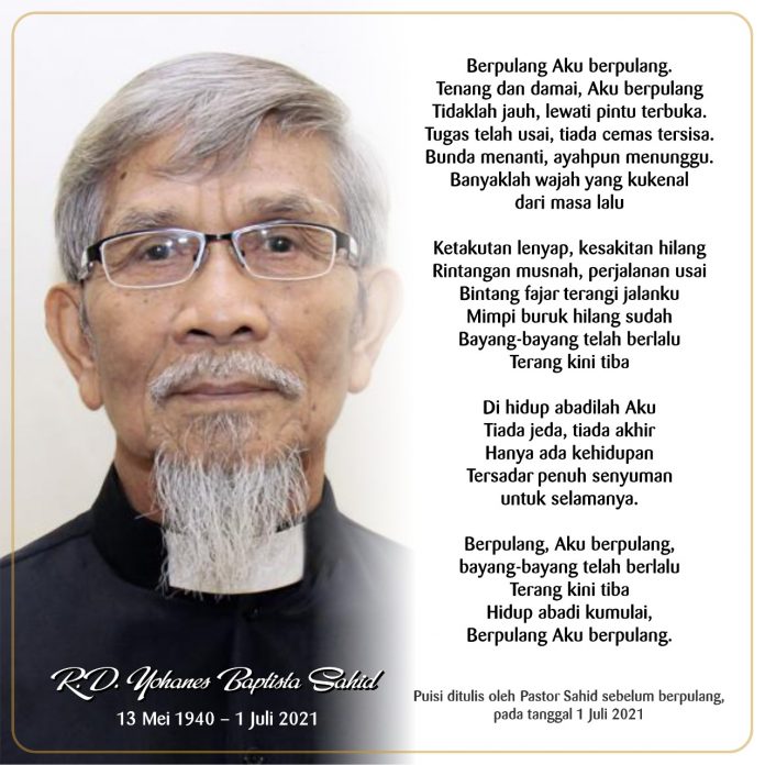 Puisi terakhir almarhum Romo Johanes Baptis Sahid Pr sebelum meninggal dunia di Bandung, Kamis 1 Juli 2021. (Ist)