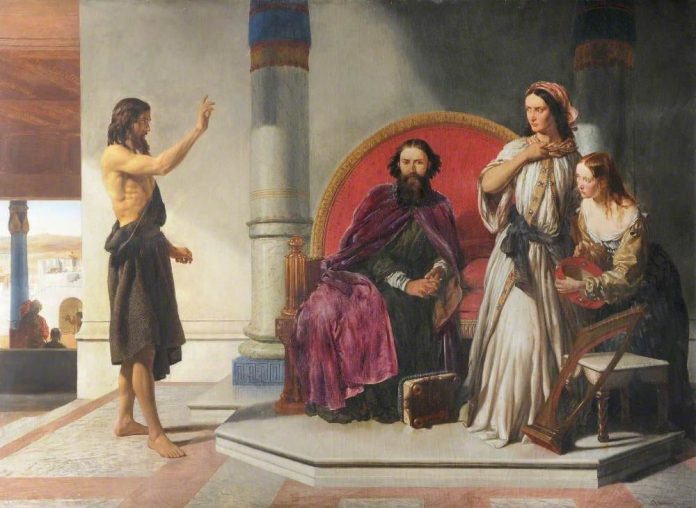 Kebenaran seolah-olah kalah: Yohanes Pembaptis mengecam Herodes Antipas, by John Rogers Herbert, 1810–1890