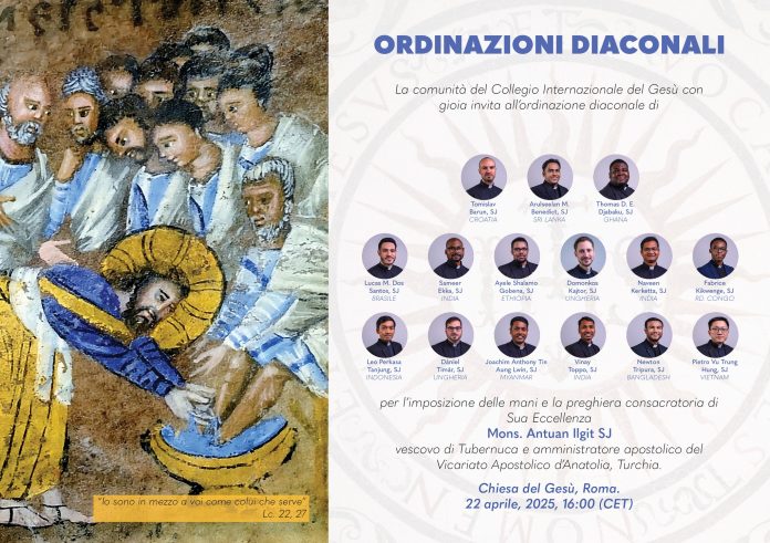 Tahbisan diakonat untuk 16 frater Jesuit dari berbagai negara di Gereja del Gesu Roma, Italia, April 2025. (Provindo)