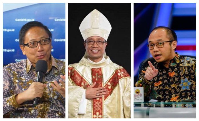 Ketiga narasumber dalam sesi pertama hari kedua SAGKI V Tahun 2025: ki-ka Prasetyantoko, Uskup Mgr. Adrianus Sunarko OFM, dan Yunarta Wijaya. (Ist)